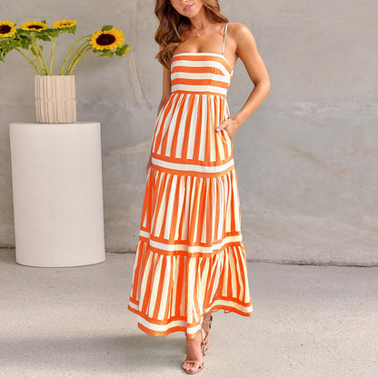 Striped Printed Suspender Long Dress With Pockets Fashion Square Neck Backless Dresses For Beach Vacation Women Clothing