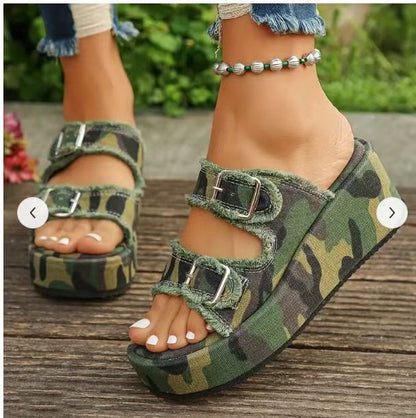 Fashion Denim Buckle Wedges Sandals Summer Outdoor High Heel Slippers Thick Bottom Camouflage Shoes For Women