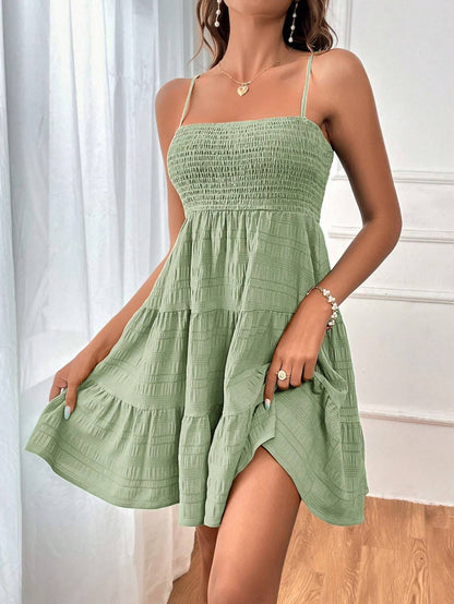 Square-collar Suspender Pleated Dress Fashion Solid Color Beach Dresses For Womens Clothing