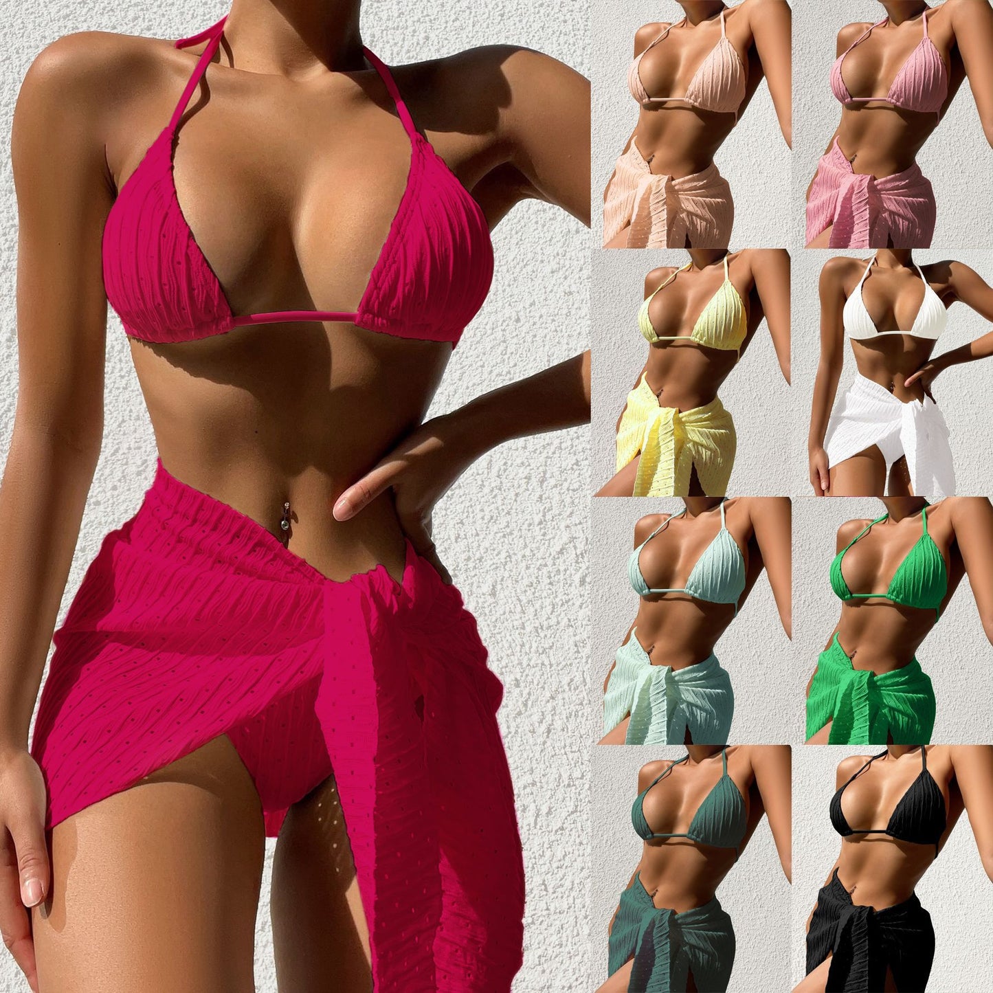 3pcs Swimsuit Set Beach Solid Color Sexy Backless Bikini With Mesh Skirt