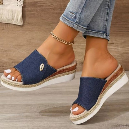 Denim Canvas Wedges Sandals Thick Bottom Fish Mouth Shoes For Women