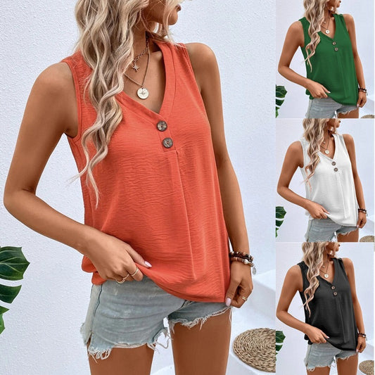 V-neck Vest Top Fashion Button Sleeveless T-Shirt Loose Casual Women's Clothing