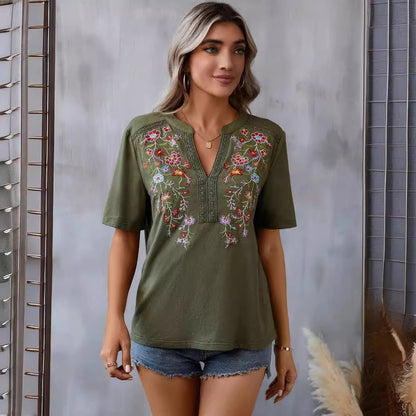 Fashion Flowers Embroidery Short Sleeve T-shirt Summer Stitching Lace-collared Blouse Womens Clothing