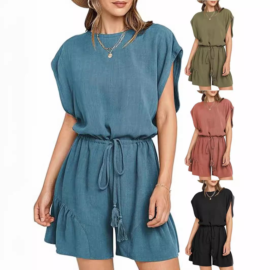 Cotton And Linen Jumpsuit Loose Waist Short Sleeve Women