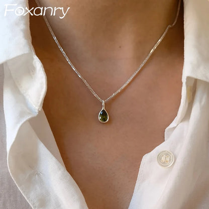 Green Zircons Water Drop Necklace with Charm