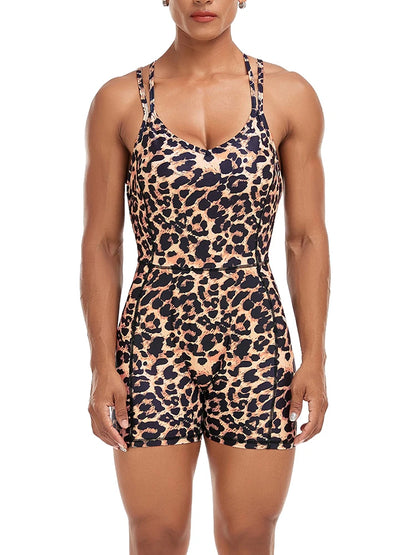 Leopard Print Playsuit Shorts Women Crisscross Backless Bodysuit Fitness Gym Athletic Active Sport One Piece Sportswear Jumpsuit