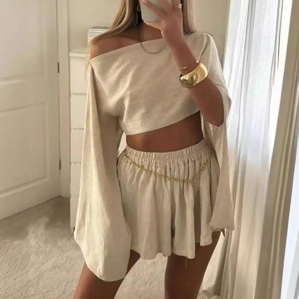 Women Slim Fit Suit Set Two-piece Women Suit Elegant Women's Boat Neck Off Shoulder Top Shorts Set Chic Solid Color Blouse