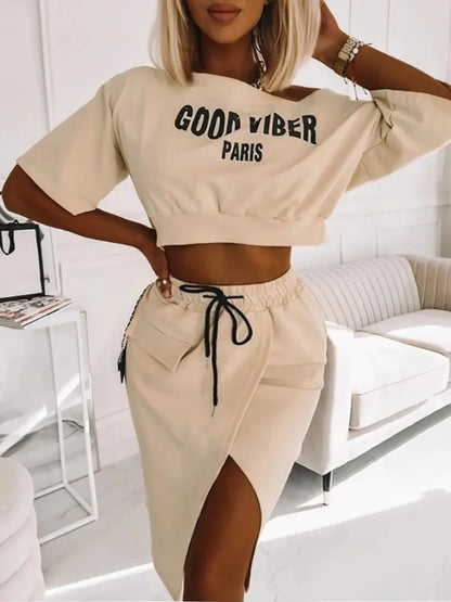 Plus Size Two Piece Good Viber One Shoulder Letter Print Set Crop Top+High Split Skirt Elegant Matching Outfits For Women