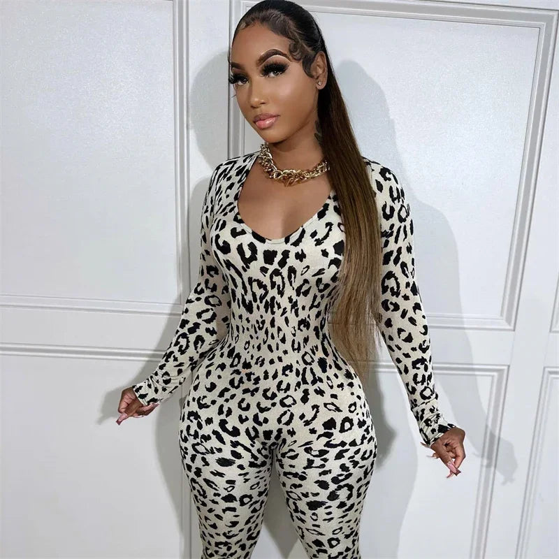 Sexy Open Back Leopard Jumpsuit Long Sleeve V-neck