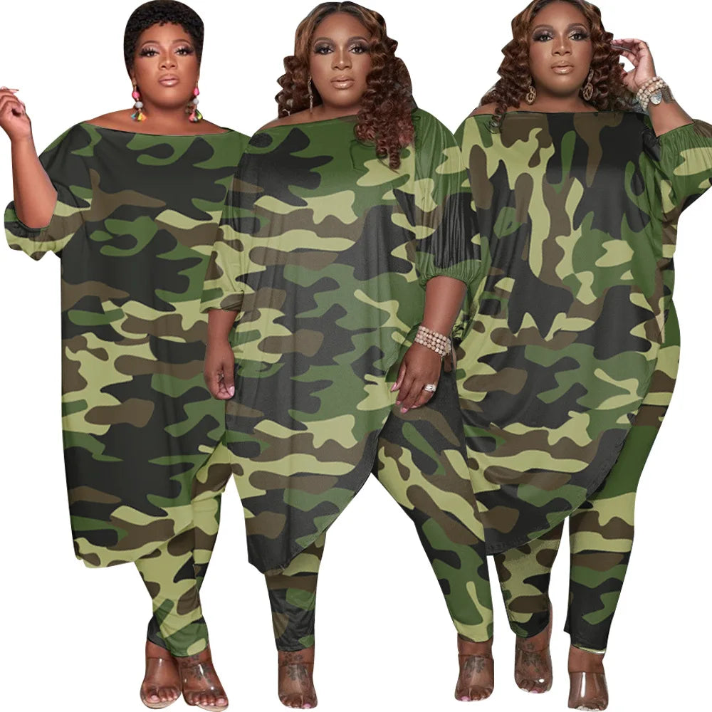 Plus Size Women Clothing Tracksuit Womens Long Loose Camouflage Oblique Shoulder