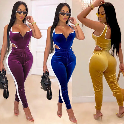 Sexy Bodycon 2pcs Set, Sleeveless Cut Out Bodysuit & High Waist Stretchy Pants