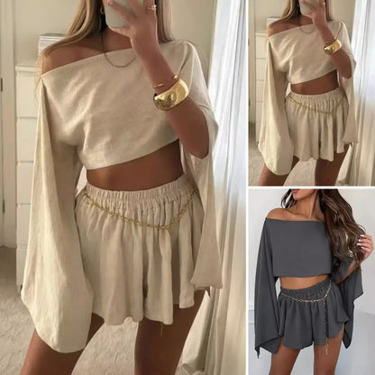 Women Slim Fit Suit Set Two-piece Women Suit Elegant Women's Boat Neck Off Shoulder Top Shorts Set Chic Solid Color Blouse