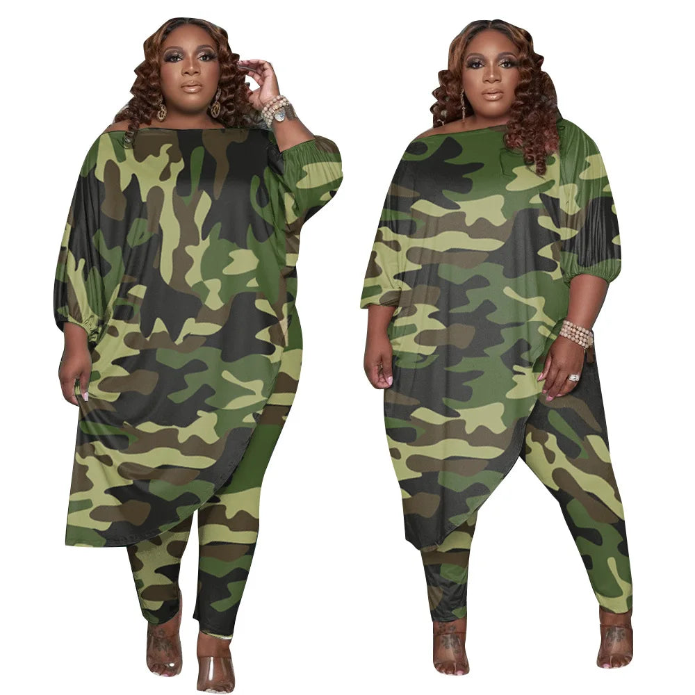 Plus Size Women Clothing Tracksuit Womens Long Loose Camouflage Oblique Shoulder