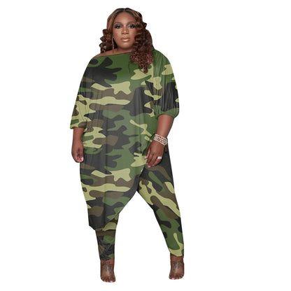 Plus Size Women Clothing Tracksuit Womens Long Loose Camouflage Oblique Shoulder