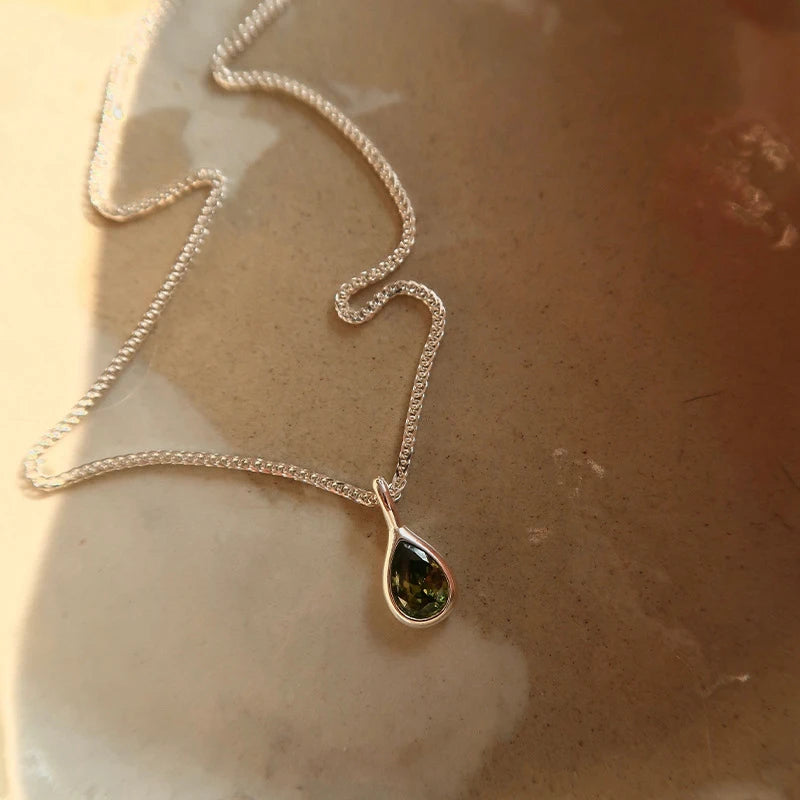 Green Zircons Water Drop Necklace with Charm