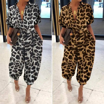 Leopard Printed Short Sleeve Jumpsuit