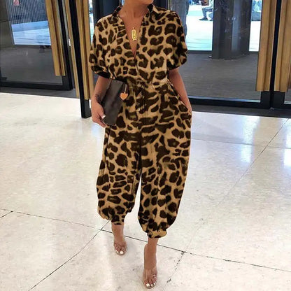 Leopard Printed Short Sleeve Jumpsuit