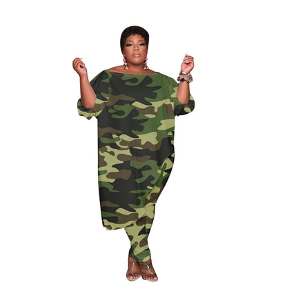 Plus Size Women Clothing Tracksuit Womens Long Loose Camouflage Oblique Shoulder