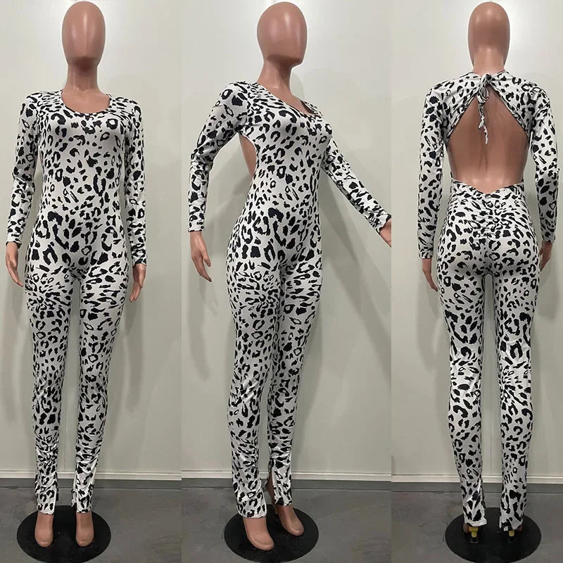 Sexy Open Back Leopard Jumpsuit Long Sleeve V-neck