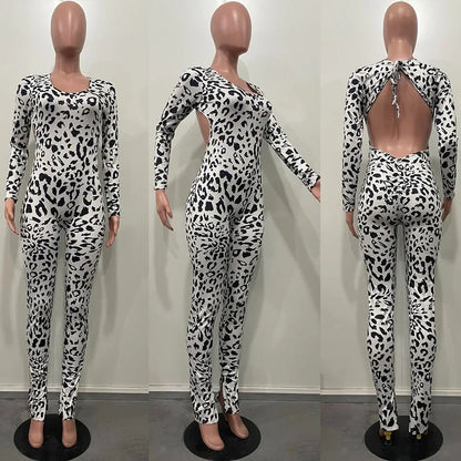 Sexy Open Back Leopard Jumpsuit Long Sleeve V-neck