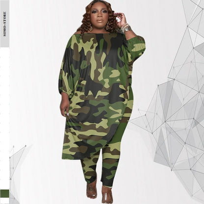 Plus Size Women Clothing Tracksuit Womens Long Loose Camouflage Oblique Shoulder