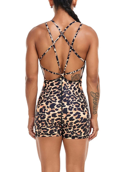 Leopard Print Playsuit Shorts Women Crisscross Backless Bodysuit Fitness Gym Athletic Active Sport One Piece Sportswear Jumpsuit