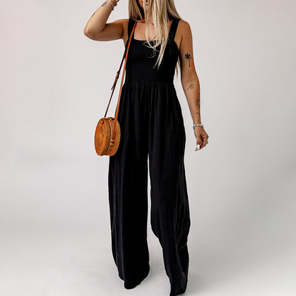 Square Neck High Waist Jumpsuit Women's Backless Pleated Design Wide Leg