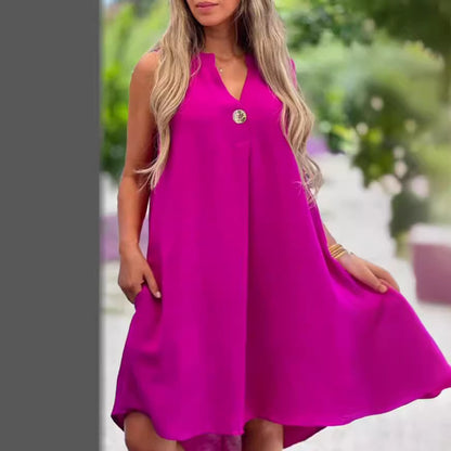 V-neck Sleeveless Dress With Button Decoration Solid Color Casual Loose Straight Dresses Womens Clothing