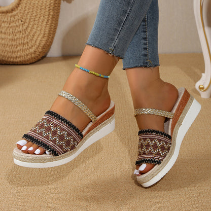 New Color-blocked Wave-patterned Sandals Summer Fashion Wedges Slippers Outdoor Ethnic Style One-line Thick-soled Shoes For Women