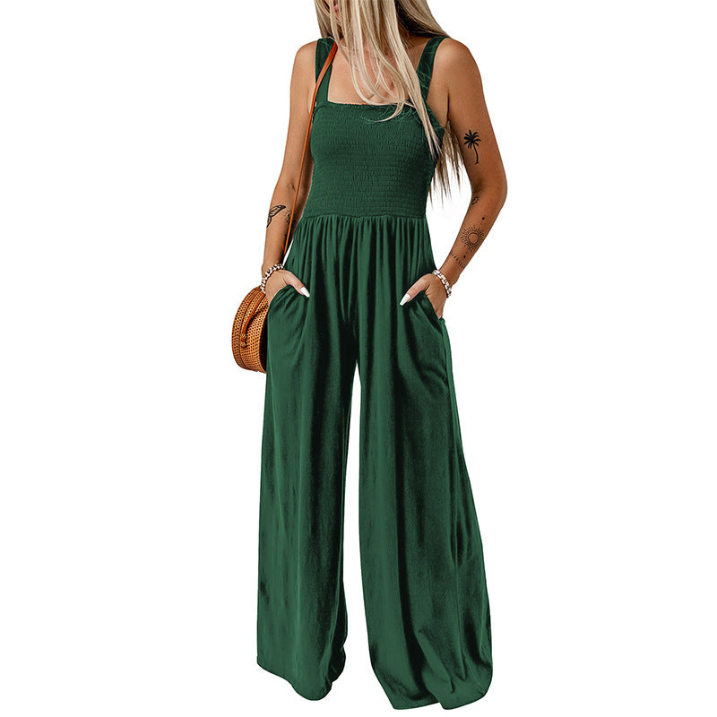 Square Neck High Waist Jumpsuit Women's Backless Pleated Design Wide Leg