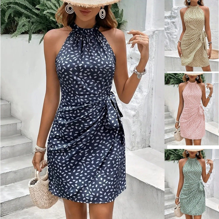 Halterneck Printed Dress With Tied-waist Design Women's Shivering Dots Temperament Dress