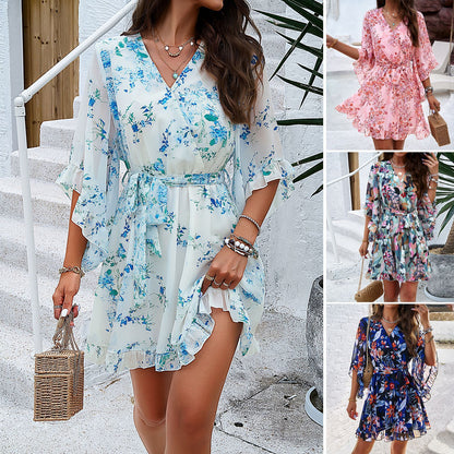 Floral Print Short Sleeves Dress Lace Up Ruffles Design Fashion V-neck Short Dresses Womens Clothing