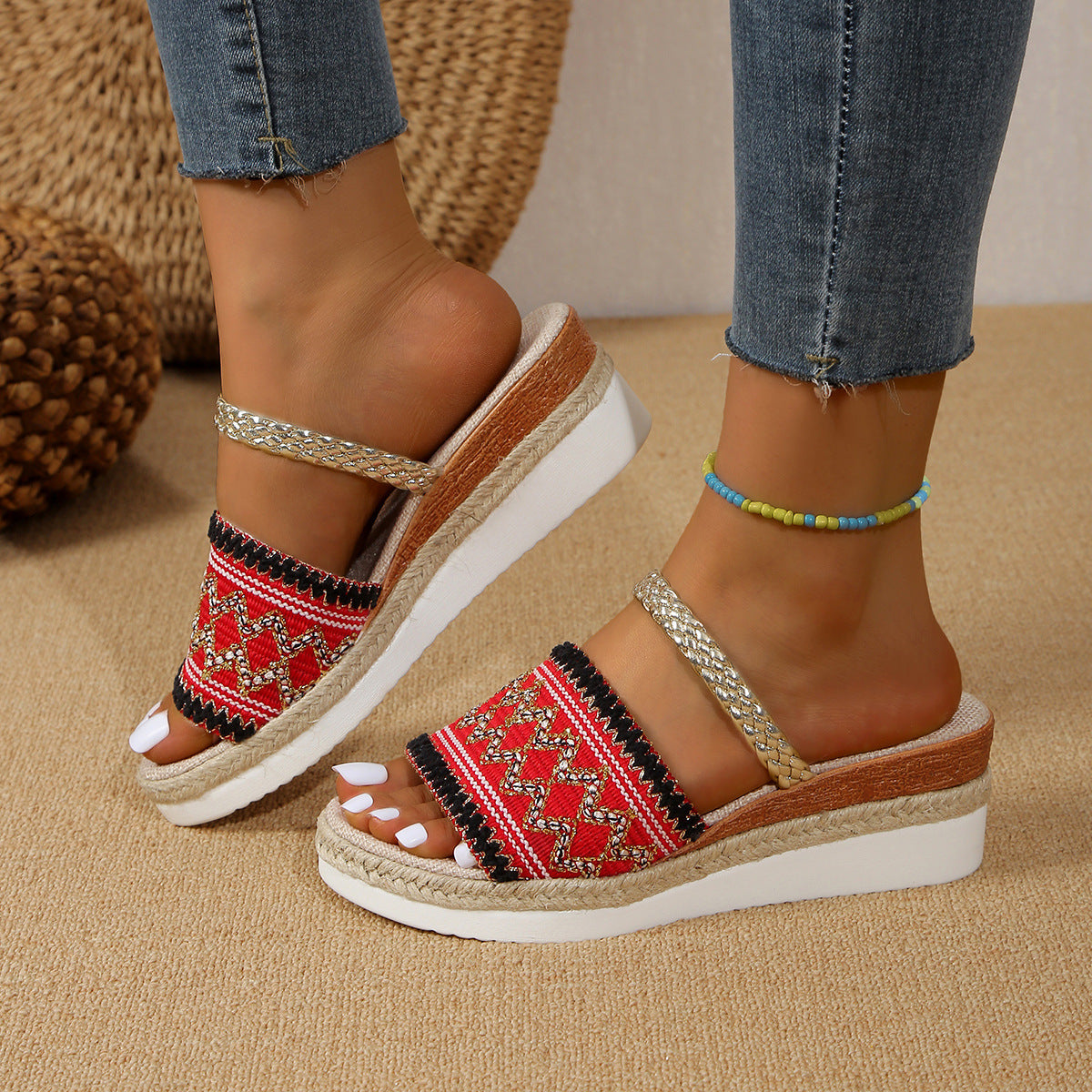 New Color-blocked Wave-patterned Sandals Summer Fashion Wedges Slippers Outdoor Ethnic Style One-line Thick-soled Shoes For Women