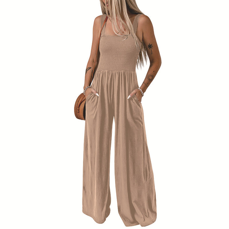 Square Neck High Waist Jumpsuit Women's Backless Pleated Design Wide Leg