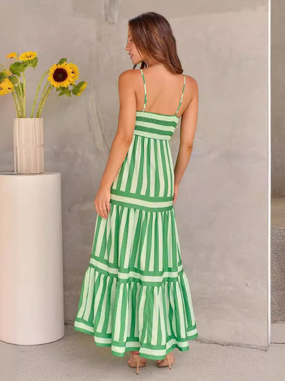 Striped Printed Suspender Long Dress With Pockets Fashion Square Neck Backless Dresses For Beach Vacation Women Clothing