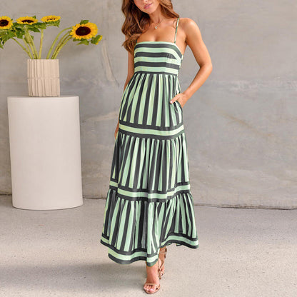 Striped Printed Suspender Long Dress With Pockets Fashion Square Neck Backless Dresses For Beach Vacation Women Clothing