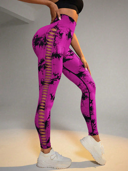 Hollow Tie Dye Printed Yoga Pants High Waist Butt Lift Seamless Sports Gym Fitness Leggings