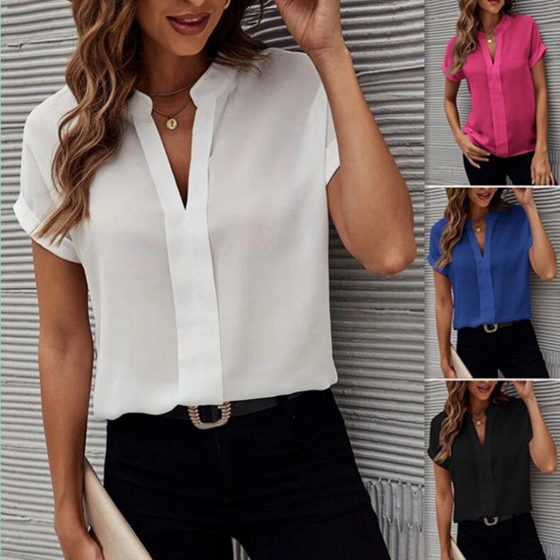 Women's Short-sleeved V-neck Shirt Casual Solid Color Shirt Fashion Womens Clothing