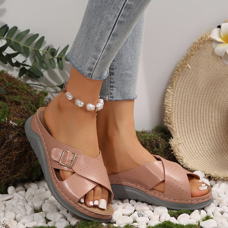 New Buckle Cross-design Slippers Summer Wedges Sandals Fashion Women's Beach Shoes