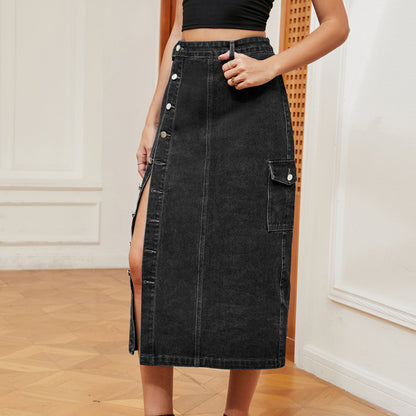 Half Elastic Denim Cargo Pants Casual Skirt