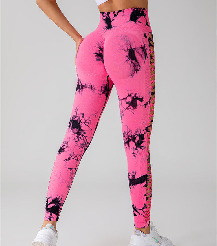 Hollow Tie Dye Printed Yoga Pants High Waist Butt Lift Seamless Sports Gym Fitness Leggings