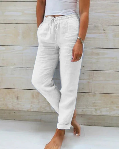 Elastic Waist Solid Cotton Hemp Pants