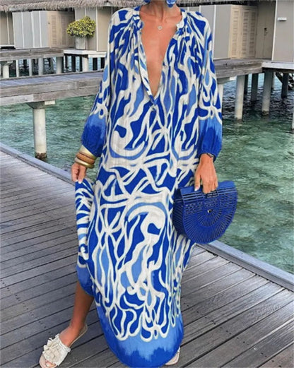 Printed Pullover Long Sleeve V-Neck Swing Loose Long Dress