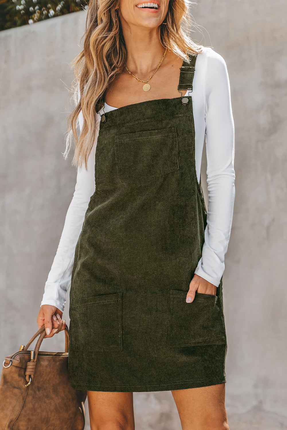 Vineyard Green Solid Front Pockets Sleeveless Corduroy Overall Dress