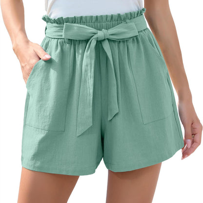 Fashion Ruffle Bow Waist Tie Shorts Beach Pants With Pockets Womens Clothing