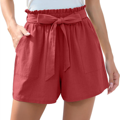 Fashion Ruffle Bow Waist Tie Shorts Beach Pants With Pockets Womens Clothing