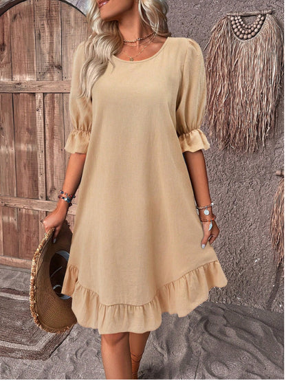 Fashion Ruffle Short-sleeved Dress Summer Solid Color Round Neck Loose Straight Dresses Womens Clothing