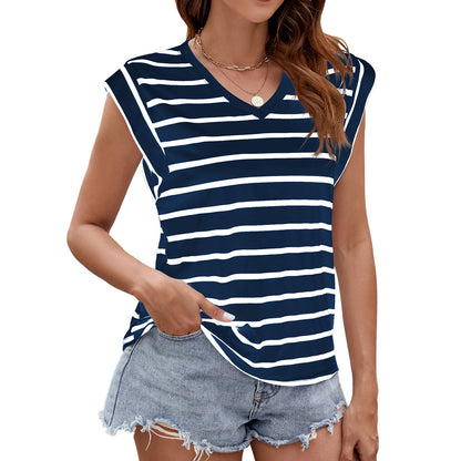 Fashion Stripe Print V-neck Short-sleeved Loose Tank Top Womens Clothing