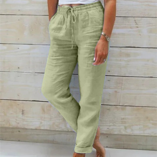 Elastic Waist Solid Cotton Hemp Pants