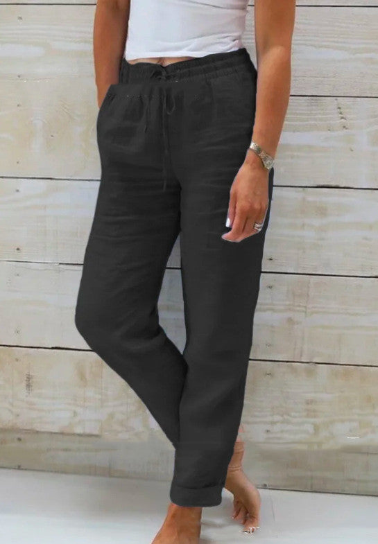 Elastic Waist Solid Cotton Hemp Pants